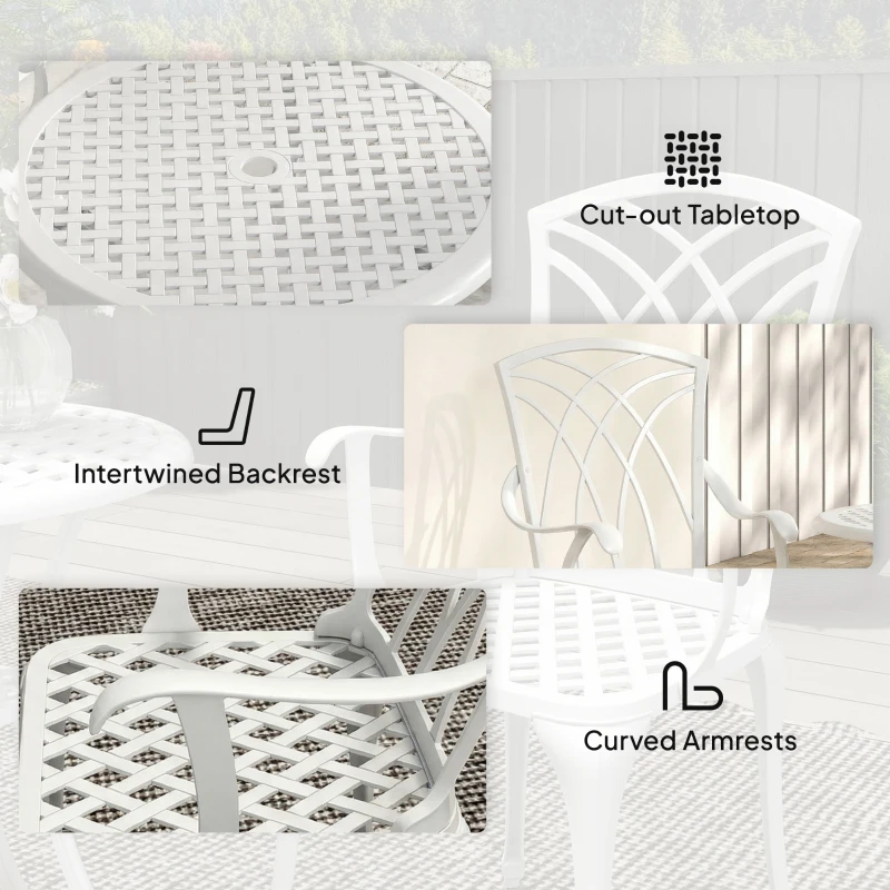 Outsunny 3 Pieces Garden Bistro Set, Cast Aluminium Outdoor Dining Set with 2 Chairs and Round Table with Parasol Hole, White