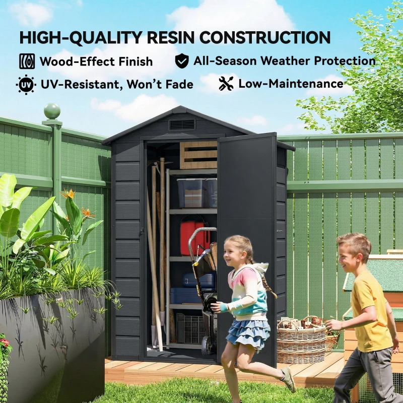 Outsunny 4 x 3 ft Plastic Garden Shed with Floor, Outdoor Storage Shed with Lockable Door, Window and Vent, Dark Grey