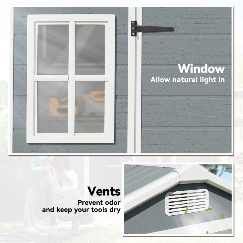 Outsunny 8 x 4 ft Resin Garden Shed, Wood-Effect Outdoor Storage Shed with Floor, Windows, Lockable Doors and Vents, Light Grey