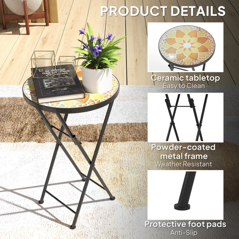 Outsunny Mosaic Outdoor Garden Table, 35.5cm Round Folding Coffee Table with Metal Frame for Balcony Terrace, Yellow