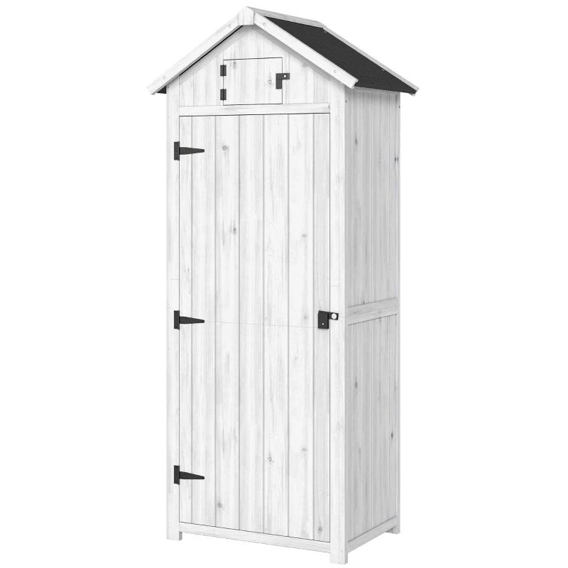 Outsunny Small Shed, Tall Slim Wooden Garden Shed with 3 Removable Shelves and Roof Hatch, Compact Outdoor Tool Storage Cabinet with Asphalt Roof and Door Latch, 77 x 54.2 x 179 cm, Light Grey