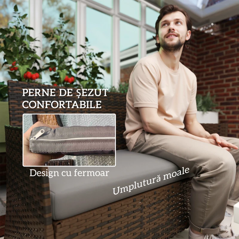 Outsunny Set Mobilier de Grădină din 4 Piese cu Canapea, 2 Fotolii și Măsuță de Cafea, 102x58x82 cm, Maro