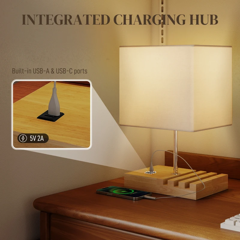 HOMCOM Bedside Lamp with USB A+C Charging Ports and 3 Phone Stands, Modern Table Lamp with Solid Wood Base and Fabric Shade for Bedroom Living Room Office, E27 Socket, Bulb Not Included, White