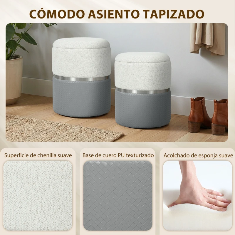 HOMCOM Juego de 2 Puff Almacenaje Tapizados en Chenilla y PU Asiento Acolchado para Pasillo Dormitorio Gris y Crema