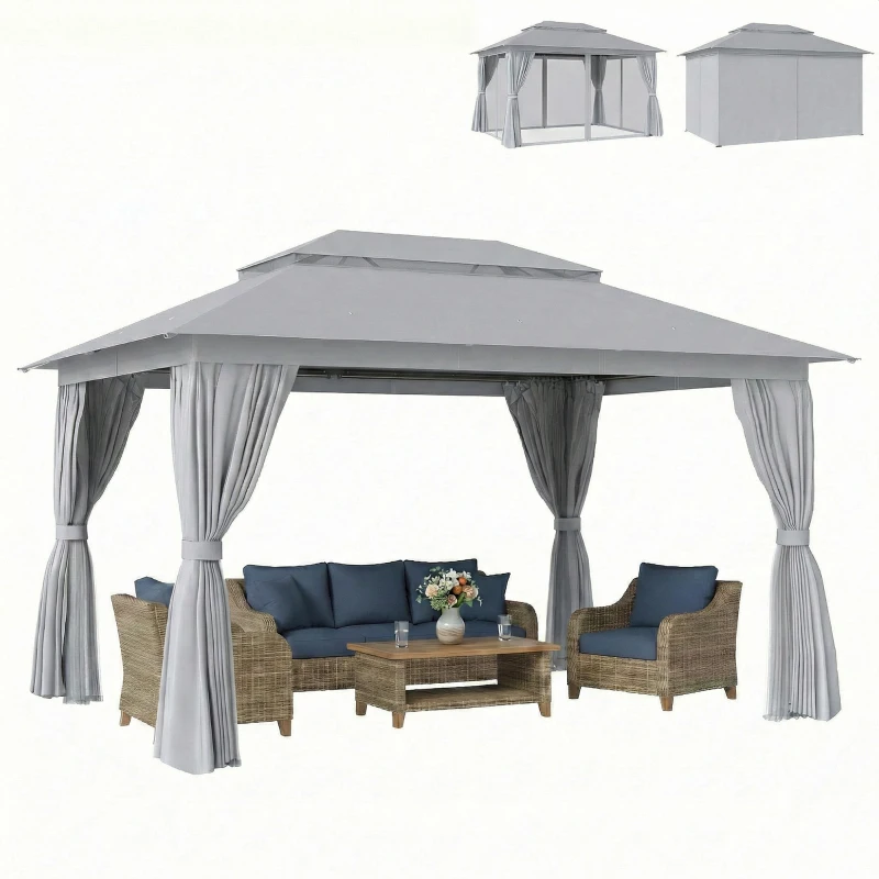 Outsunny 3 x 4 m Outdoor Garden Gazebo with Netting and Curtains, UPF50+ Patio Gazebo Permanent Pavilion Canopy, Dark Grey