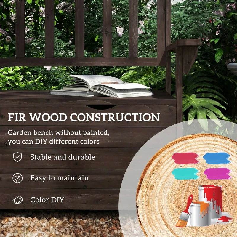 Outsunny Outdoor 2 Seater Garden Bench, Wooden Bench with Storage, Backrest, Arm Rests, 112 x 84 x 58 cm, Brown