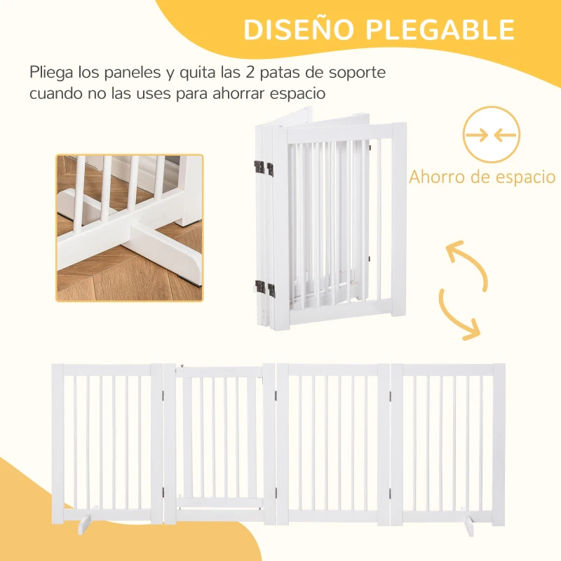 PawHut Barrera de Seguridad para Perros Plegable de Madera para Escaleras y Puertas con Soporte de Pie 204x36x75 cm Blanco