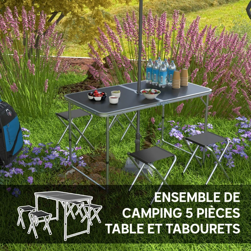 Outsunny Ensemble table et chaise de camping, Table de Camping avec 4 chaises Pliantes, 120x60x55-70cm Gris foncé