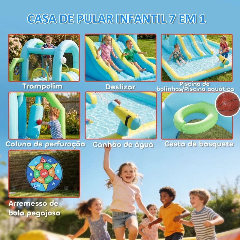 AIYAPLAY Castelo Insuflável Aquático 7 em 1 com Insuflador 450W 2 Escorregas Trampolim Piscina Cesto Coluna de Boxe 426x360x198 cm Multicor