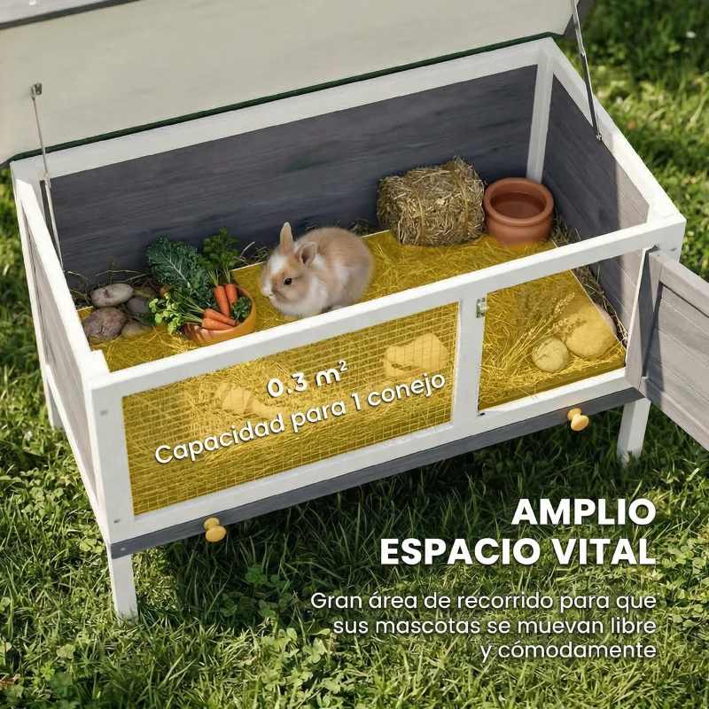 PawHut Conejera de Madera, Jaula para Conejos Medianos con Techo Asfáltico Abatible Bandeja Extraíble Puerta con Pestillo Gris