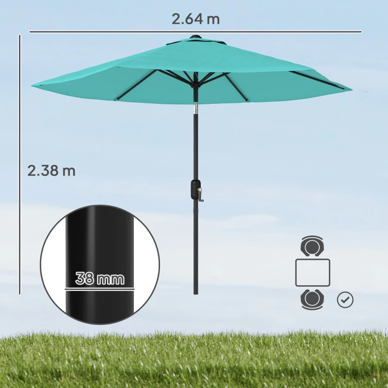 Outsunny 2.6 m Garden Parasol Umbrella with Aluminium Pole, Outdoor Patio Umbrella with Tilt and Crank, Vent, Turquoise