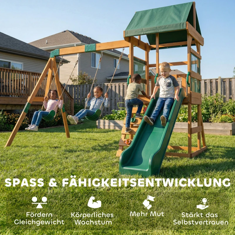 AIYAPLAY Spielturm Klettergerüst Holz Schaukelgestell mit Rutsche 2 Schaukeln Kletterwand für 3-8 Jahre 315x284x233 cm Grün