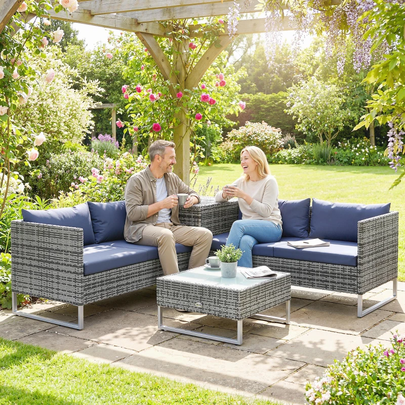 Outsunny 4 Piece Rattan Garden Furniture Set, Outdoor Corner Sofa Set with Storage Table, Loveseats, Cushions - Dark Blue