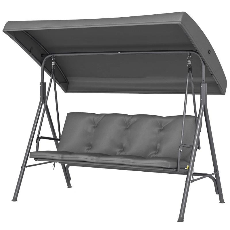 Outsunny 3 Seater Garden Swing Chair, Patio Rocking Bench with Tilting Canopy, Removable Cushion and Steel Frame, Dark Grey