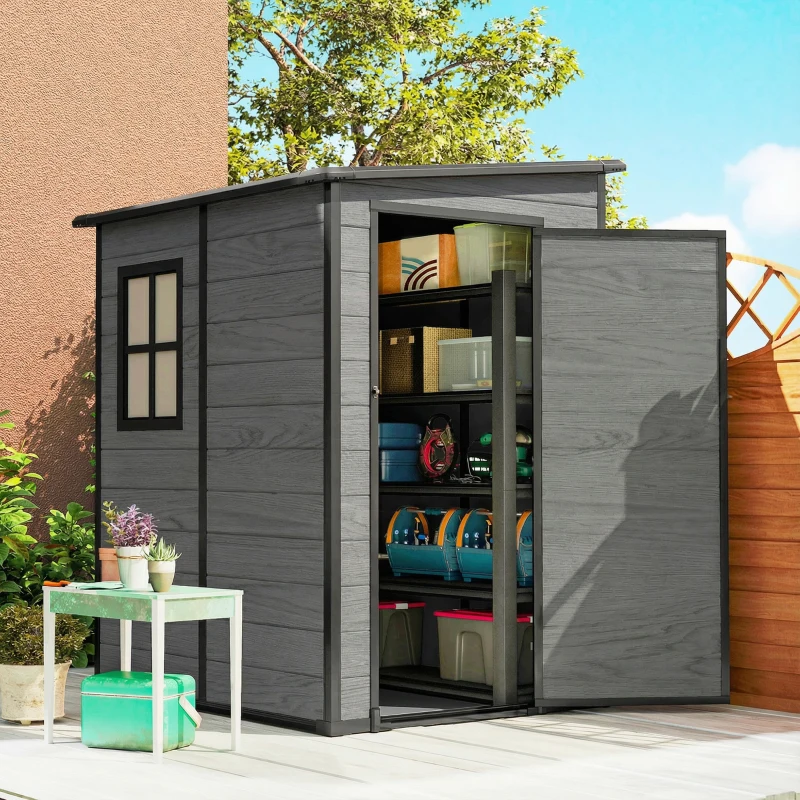 Outsunny 4'x5' Garden Storage Shed, Lean to Shed, Lockable Garden Shed with Window, Vent and Plastic Roof, Wood-Effect