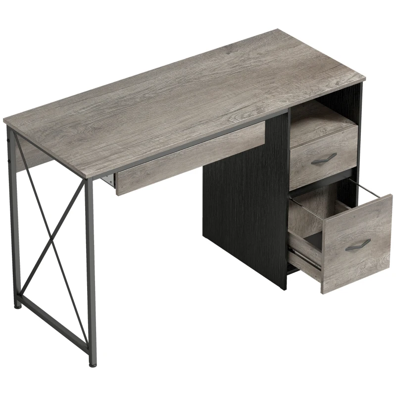 HOMCOM Bureau d'ordinateur, 120×50cm, bureau avec rangement, plateau clavier, compartiment ouvert et 2 tiroirs, gris