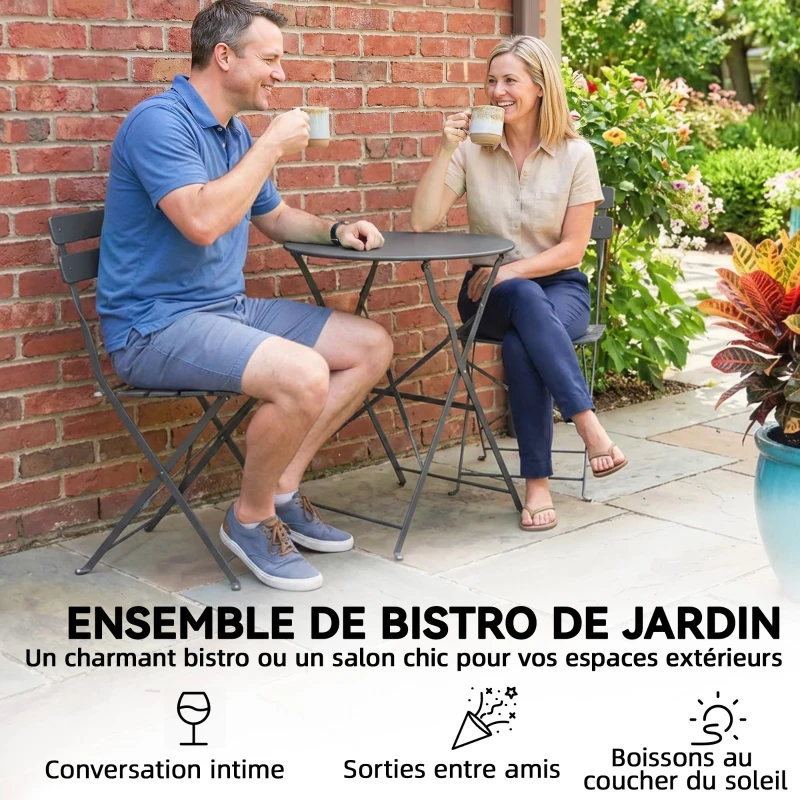Outsunny Ensemble de Bistrot Jardin 3 Pièces Table et 2 Chaises Pliantes avec Double Protection Anti-Rouille Métal Gris