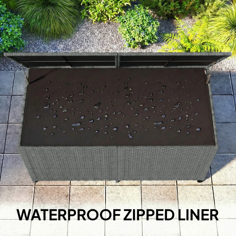 Outsunny Rattanowa skrzynia ogrodowa 650L wodoodporna, UV odporna, ze schowkiem, kółkami i pokrywą, 150 x 75 x 74 cm, ciemnoszara