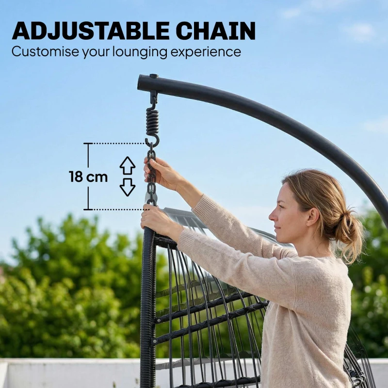 Outsunny Hangstoel met Standaard Opvouwbare Polyrattan Mand met Kussen Veiligheidsgordel Hoofdkussen Banden, Verstelbare Hoogte