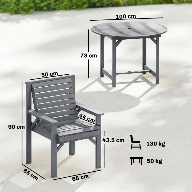 Outsunny 5 Pieces Garden Dining Set with Parasol Hole, Round Outdoor Table and Chairs, 4 Seater Wooden Garden Furniture, Grey
