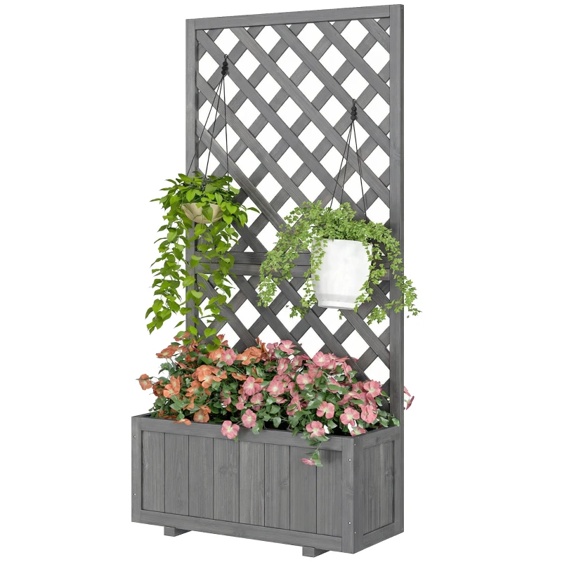 Outsunny Wood Planter with Trellis for Climbing Plants, Raised Bed, Planter Box with Drainage Holes to Grow Herbs Flowers, Grey