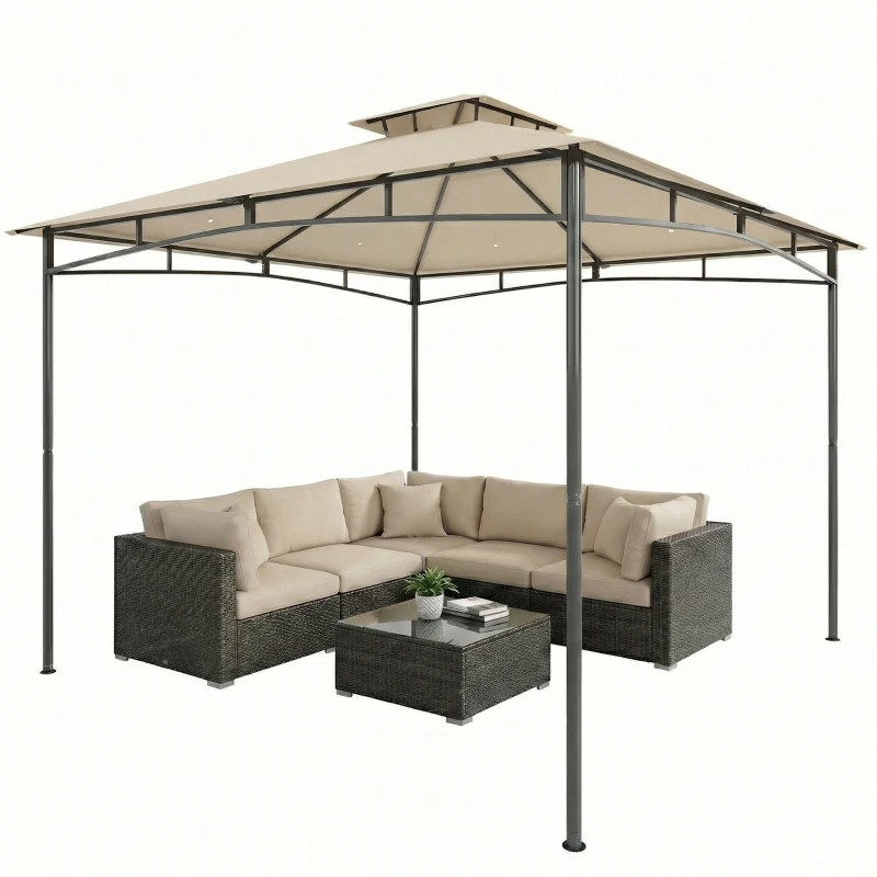 Outsunny 3 x 3 m Gazebo, Garden Gazebo with 2-Tier Roof, Metal Frame, Khaki