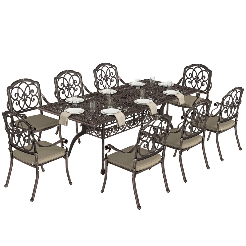 Outsunny 9 Piece Cast Aluminium Garden Dining Set, Garden Table and Chairs Set with Cushions, Parasol Hole for Patio, Bronze Tone