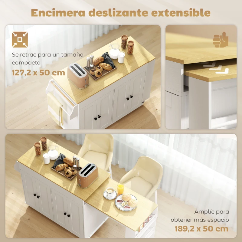 HOMCOM Isla de Cocina con Ruedas Encimera Extensible 4 Puertas Estantes Ajustables Especiero y Soporte para Toallas Blanco