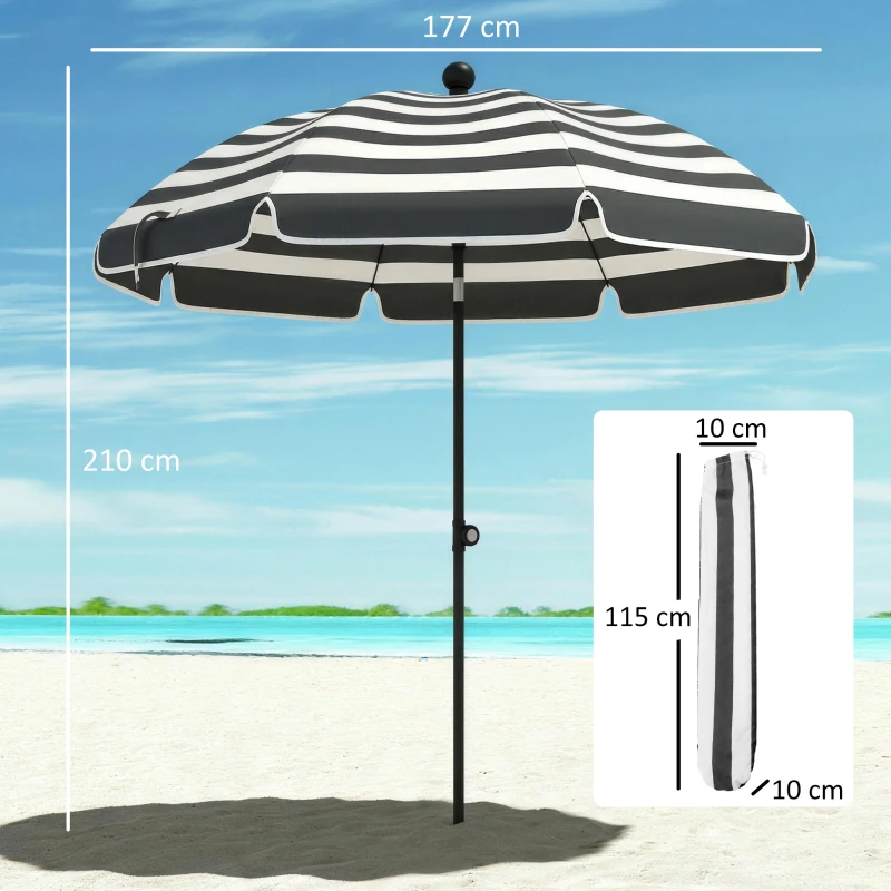 Outsunny 1.8 m Beach Umbrella Parasol with Sand Anchor, Portable 30° Tilting Patio Sun Shade with Adjustable Height, Grey/White