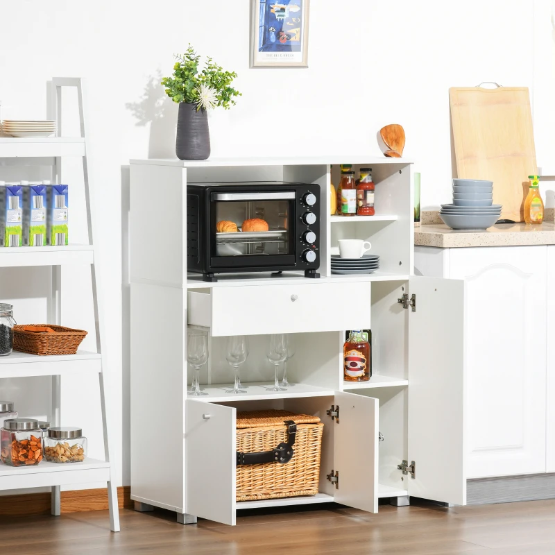 HOMCOM Aparador Auxiliar para Microondas Buffet de Cozinha com 2 Armários com Portas 1 Gaveta e Prateleiras de Armazenamento 90x40x120cm Branco