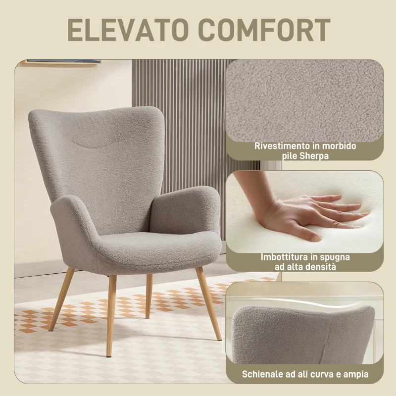 HOMCOM Poltrona Moderna in Tessuto Sherpa Imbottita con Schienale Alto e Braccioli, Grigio