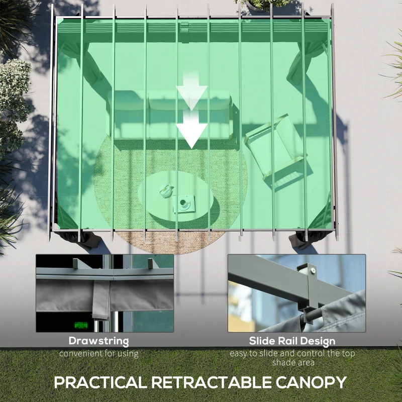 Outsunny 3.6 x 3 m Pergola with Retractable Roof Canopy, Curtains, Aluminium Garden Pergola Gazebo Sun Shade Shelter, Dark Grey