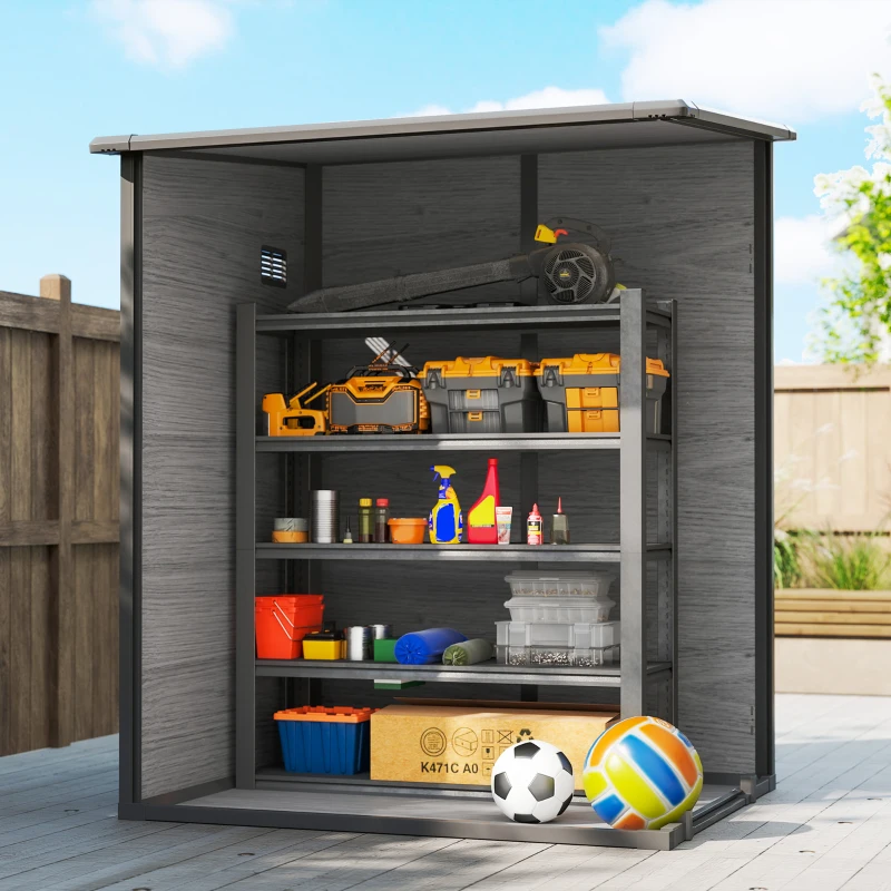 Outsunny 4'x5' Garden Storage Shed, Lean to Shed, Lockable Garden Shed with Window, Vent and Plastic Roof, Wood-Effect