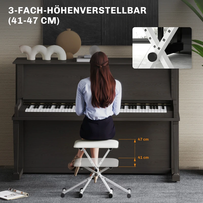 HOMCOM Pianokruk Verstelbare Inklapbare X-vormige Pianobank met Kunstlederen Kussen 39 x 29 x 37-47 cm Wit