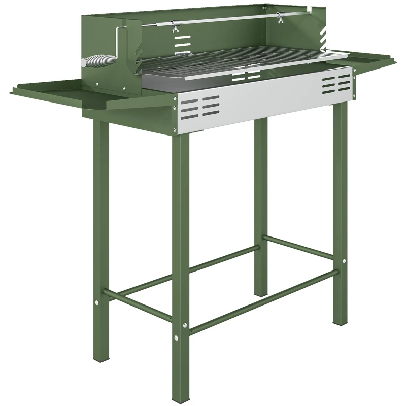 Outsunny BBQ Rotisserie Grill Roaster Charcoal Spit Roasting Machine for Chicken Turkey with 3-Level Grill Grate, Side Shelves, Dark Green