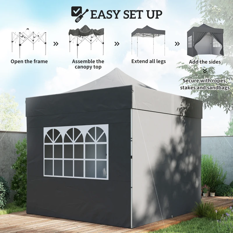 Outsunny 3 x 3 m Pop Up Gazebo with Sidewalls, UPF50+ Heavy Duty Garden Party Tent Marquee with Wheeled Carry Bag, Dark Grey