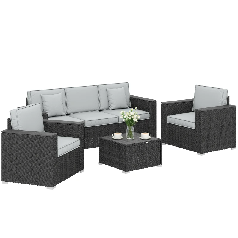 Outsunny 5 Seater Rattan Garden Furniture Set with Wide Armrests, Cushions, Pillows for Patio, Dark Grey