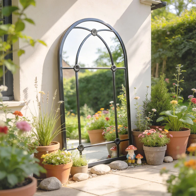 Outsunny Arched Mirror, Shatterproof Acrylic Windowpane Wall Mounted Mirror with Robust Metal Frame, 100 x 60 cm, Black