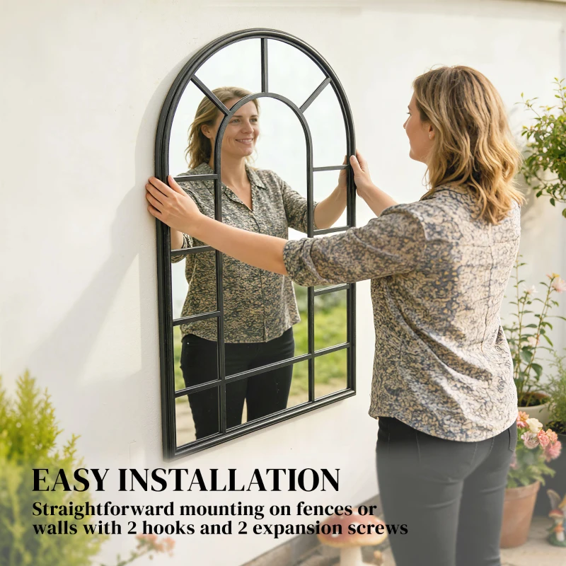 Outsunny Arched Mirror, Shatterproof Acrylic Windowpane Wall Mounted Mirror with Robust Metal Frame, 71 x 51 cm, Black