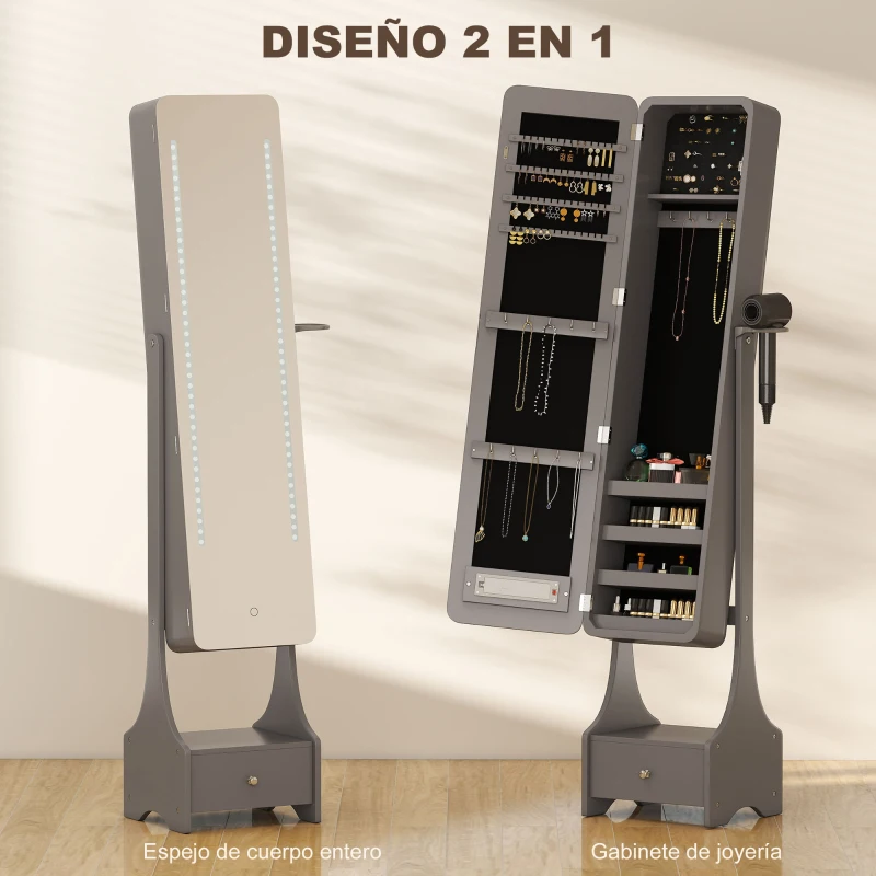 HOMCOM Espejo Joyero con Luces LED Armario Joyero con Espejo Entero de Ángulo Ajustable Cajón Luces Apagado Automático Gris