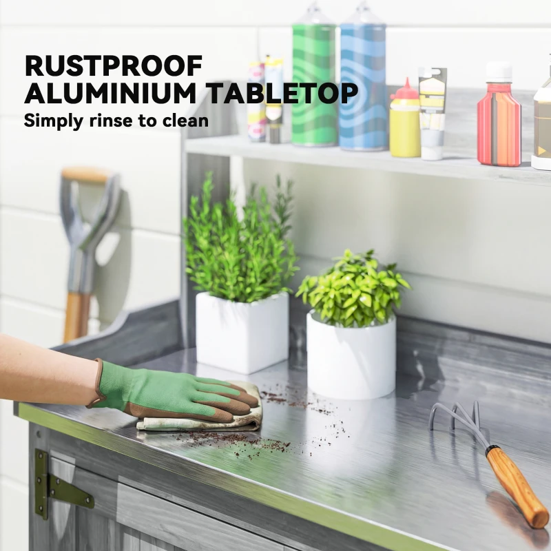 Outsunny Wooden Potting Bench Table with Aluminium Worktop, Outdoor Garden Workbench with Top Shelf and Cabinet Storage