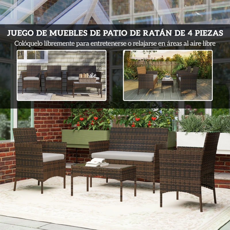 Outsunny Conjunto Muebles Jardín de Ratán Sintético con Sofá Sillones y Mesa de Vidrio Templado y Cojines Marrón y Gris