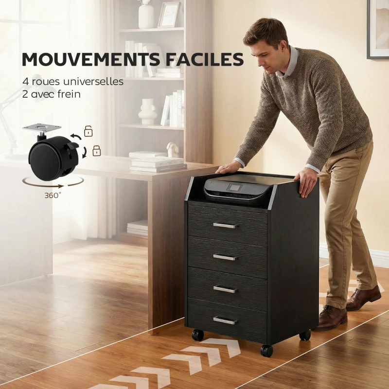 Vinsetto Caisson de bureau rangement sur roulettes 4 tiroirs coulissants en bois  40 x 36 x 65 cm noir