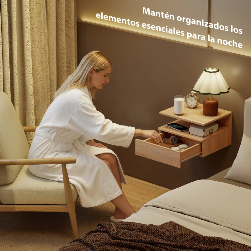 HOMCOM Juego de 2 Mesitas de Noche Flotantes con Cajón Montado en la Pared 35x32x22,5 cm Roble