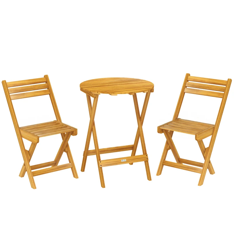 Outsunny Ensemble de Bistrot 3 Pièces Pliable en Bois d'Acacia avec Table Ronde et 2 Chaises, san Montage, 60x60x75cm, Naturel