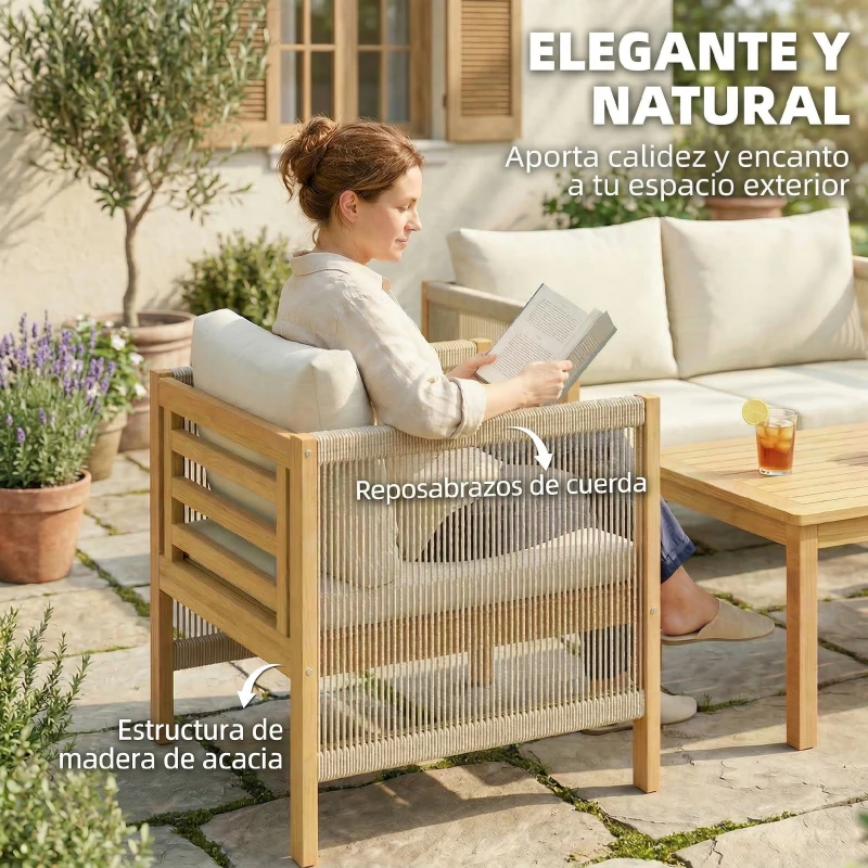 Outsunny Conjunto de Muebles de Jardín de 4 Piezas con Sofá 2 Plazas 2 Sillones Mesa de Madera Cojines y Cuerda PP Beige