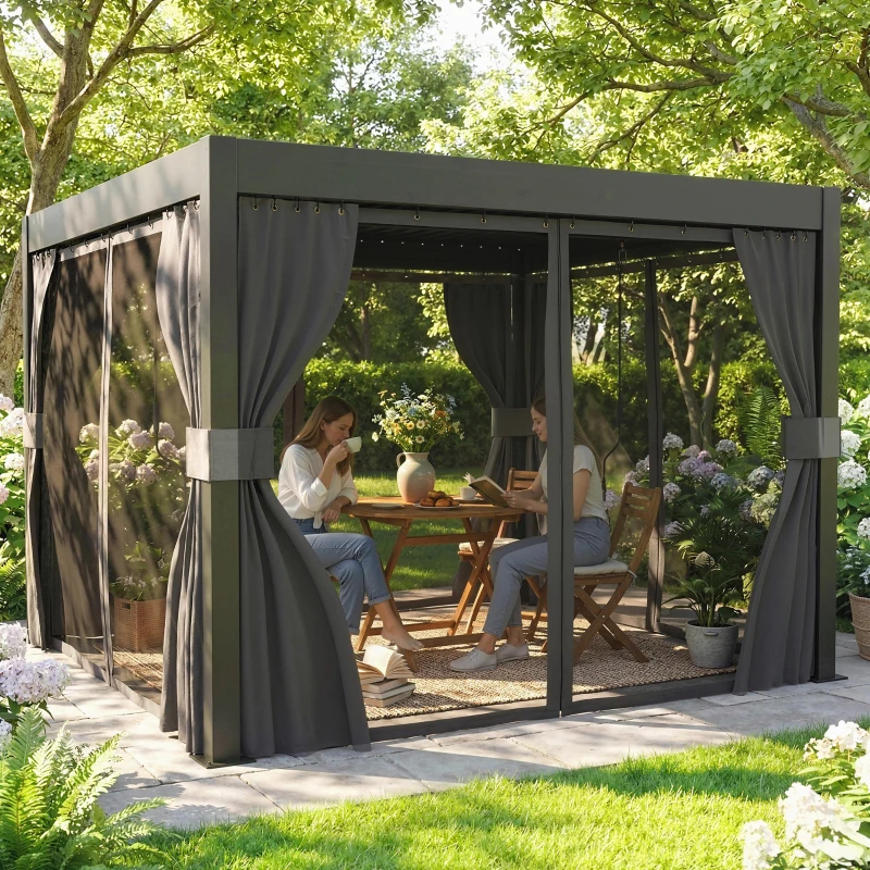 Outsunny 3 x 3 m Louvered Pergola with Adjustable Metal Louvred Roof, Aluminium Patio Gazebo with Netting and Curtains, Dark Grey