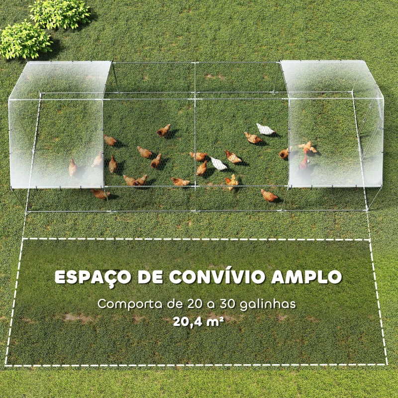 PawHut Galinheiro para Exterior Grande em Aço Galvanizado 6,8x3x1,9 m 20,4 m² com Cobertura em Tecido Oxford e Fecho Prata