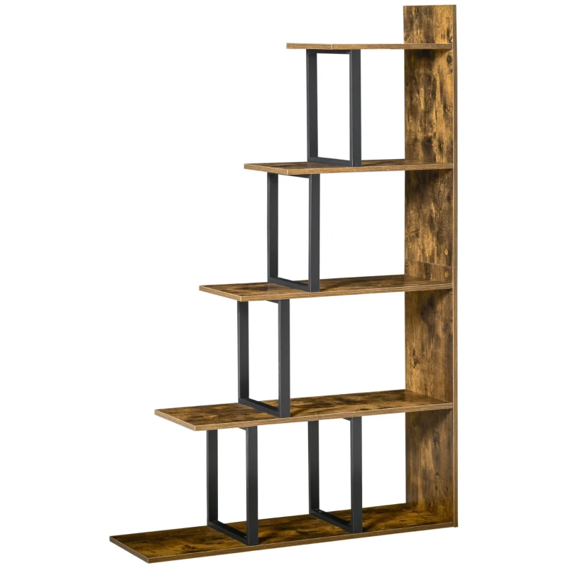 HOMCOM 5-Tier Bookcase, Wooden Ladder Bookshelf Display Stand, Rustic Brown