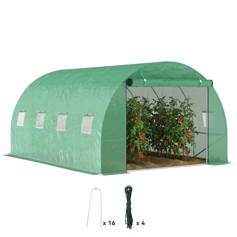 Outsunny Serre tunnel de jardin 3 x 4 x 2 m avec porte enroulable et grandes fenêtres, en acier galvanisé et PE, vert